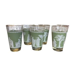 Vintage Jeanette Jasperware Hellenic Green Greek Drinking Glass Set of 6